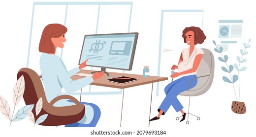 Medical clinic people concept in modern flat design. Pregnant woman visits doctor, therapist consults her and prescribes treatment. Medical services person scene. Vector illustration for web banner
