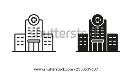 Medical Clinic Pictogram. Hospital Line and Silhouette Black Icon Set. Ambulance Center Sign, Emergency Service Office. Healthcare Building Symbol Collection. Isolated Vector Illustration.
