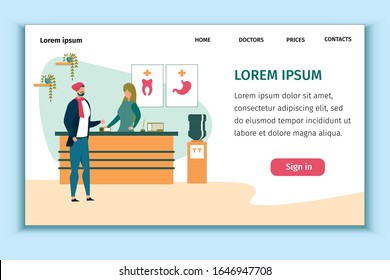Medical Clinic Presentation Landing Page Design. Administrator at Reception Desk. Hospital Client or Patient Asking for Help. Medicine and Healthcare. Insurance and First Aid. Vector Flat Illustration