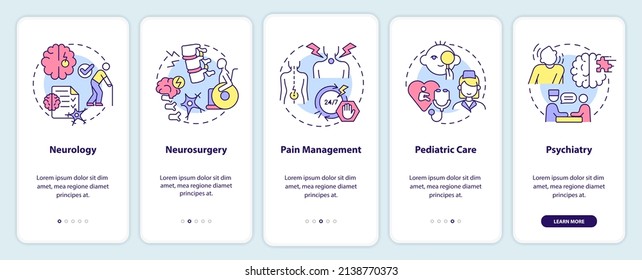 Medical clinic services onboarding mobile app screen. Hospital walkthrough 5 steps graphic instructions pages with linear concepts. UI, UX, GUI template. Myriad Pro-Bold, Regular fonts used