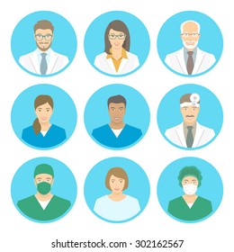 Medical Clinic Staff Flat Avatars Of Doctors, Nurses, Surgeon, Assistant, Patient. Vector Round Portraits, Account Profile Pictures, Male And Female. Hospital Personnel Multiracial Faces