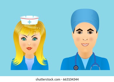 Medical clinic staff flat avatars of doctors, nurses, surgeon, assistant.  Hospital personnel multiracial faces.