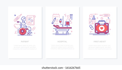 Medical clinic - vector line design style banners with place for text. Patient in a wheelchair, hospital, first aid kit illustrations with icons. Images of a ward with an infusor, pills and medicine