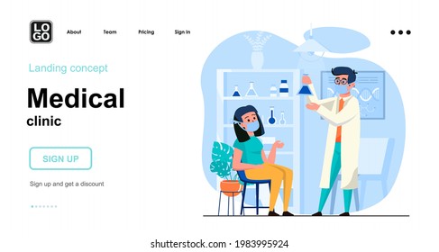 Medical clinic web concept. Doctor doing medical tests in laboratory, diagnostics, health checkup. Template of people scenes. Vector illustration with character activities in flat design for website