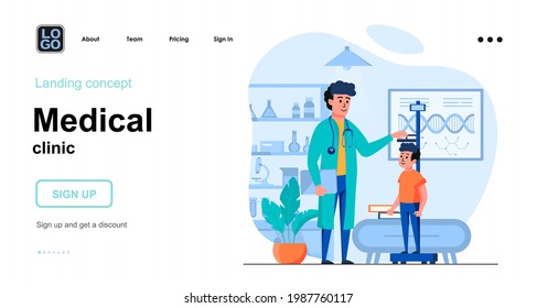 Medical clinic web concept. Pediatrician measures boy height at office. Child patient visits doctor. Template of people scene. Vector illustration with character activities in flat design for website