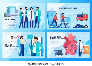 Medical Clinic Website Design, Healthcare Center Concept, Hospital Vector Illustration. Professional Team Of Doctors And Paramedics, Emergency Ambulance Help. Hospital Health Care Service For Patients