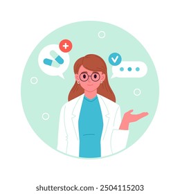 Medical clinic worker portrait. Physician or surgeon consultation, medical hospital worker portrait, medical doctor business card flat vector illustration. Female doctor avatar