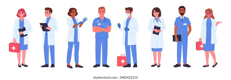 Medical clinic workers. Doctors and nurses, therapist, surgeon and anesthesiologist, paramedic and nurse, hospital professional staff flat vector illustration set. Medicine, healthcare characters