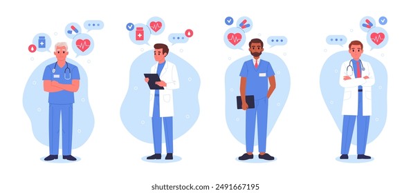 Medical clinic workers. Therapist, paramedic and male nurse, male doctors and nurses flat vector illustration set. Hospital professional staff