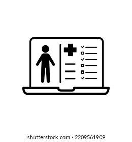 Registro clínico médico en pantalla del icono del portátil aislado en fondo blanco. Formulario de seguro de salud. Documentar el registro clínico, la prescripción, las marcas de revisión médica. Ilustración vectorial