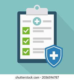 Medical clip board with checklist vector illustration. Clipboard icon in modern flat style. Diagnostic report with checkbox and check mark.