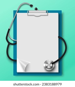 Medical clipboard with blank empty paper and stethoscope doctor tool realistic vector illustration. Frame for patient information card and treatment prescription. Medicine and healthcare concept