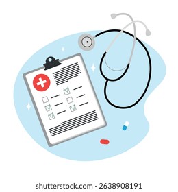 Medical clipboard with checklist and stethoscope. Flat vector illustration for hospital, diagnosis, doctor visit, healthcare, patient treatment plan, and clinical documentation