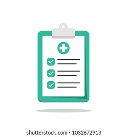 Medical clipboard with completed checklist. Hospital checkup document. Vector illustration in flat style.