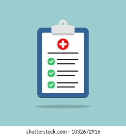 Medical Clipboard With Completed Checklist. Hospital Checkup Document. Vector Illustration In Flat Style.