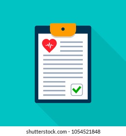 Medical clipboard with completed checklist. Hospital checkup document. Vector isolated illustration in flat style.