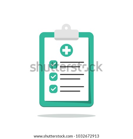 Medical clipboard with completed checklist. Hospital checkup document. Vector illustration in flat style.