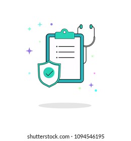 Medical clipboard with a completed checklist and stethoscope. Hospital checkup document. Vector illustration in flat line style.