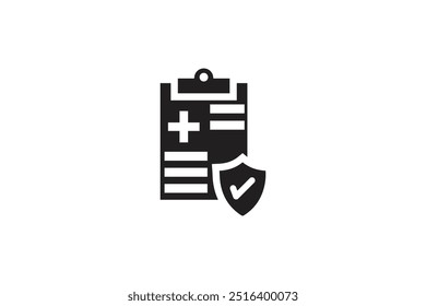 A medical clipboard with a cross symbol and a shield icon, symbolizing health records, medical documentation, and protection or health insurance coverage.