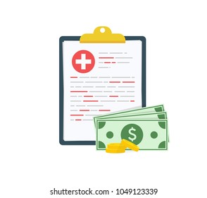 Medical clipboard document with money, health insurance form with pile of money, idea of expensive medicine, healthcare spendings or expenses. Flat design, vector illustration on background