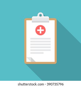 Medical clipboard icon with long shadow. Flat design style. Clipboard silhouette. Simple icon. Modern flat icon in stylish colors. Web site page and mobile app design element.