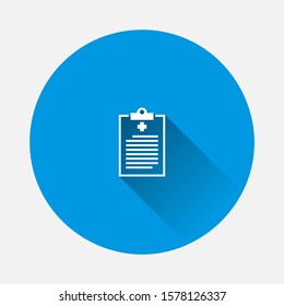 Medical clipboard icon vector icon on blue background. Flat image with long shadow.