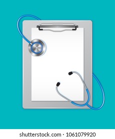 Medical clipboard and paper with stethoscope in medicine, medical, health, cross, healthcare ready to help in a hospital on blue background concept vector illustration