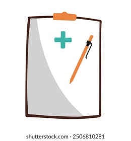 Medical clipboard and pen with a plus sign symbolizing health in a clinical setting