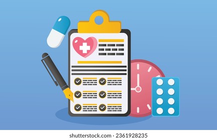 Medical clipboard of medical report with pill and pen.on blue background.Vector Design Illustration.