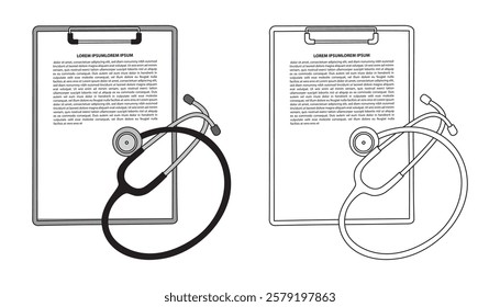 Medical Clipboard. Report With Stethoscope. Medical Document. Healthcare Concept. Line Art, Vector Illustration.