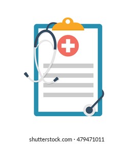 Medical clipboard. Report with stethoscope. Vector illustration flat design. Medical document. Healthcare concept.