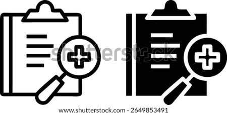 Medical Clipboard Search Icon with Plus Symbol Black and White Vector Illustration