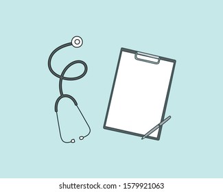 Medical clipboard with stethoscope. Hand drawn style vector design illustrations.