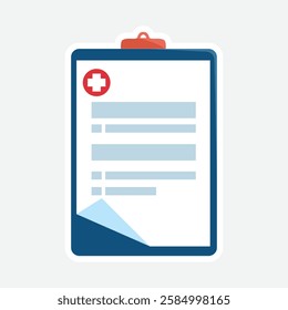 Medical Clipboard Sticker - Healthcare Form Icon. Sticker of a medical clipboard with a healthcare form and red cross symbol. Ideal for medical, healthcare, and administrative themes