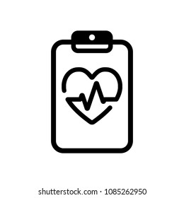 Medical clipboard. Tablet, paper, heart and pulse line. Cardiology report blank. Linear icon with thin outline