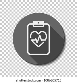 Medical clipboard. Tablet, paper, heart and pulse line. Cardiology report blank. Linear icon with thin outline. White flat icon with long shadow in circle on transparent background