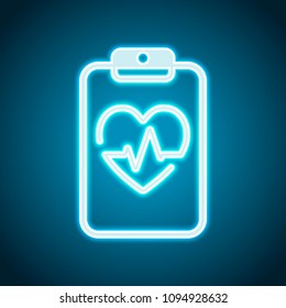 Medical clipboard. Tablet, paper, heart and pulse line. Cardiology report blank. Linear icon with thin outline. Neon style. Light decoration icon. Bright electric symbol