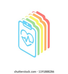 Medical clipboard. Tablet, paper, heart and pulse line. Cardiology report blank. Linear icon with thin outline. Stack of colorful isometric icons on white background