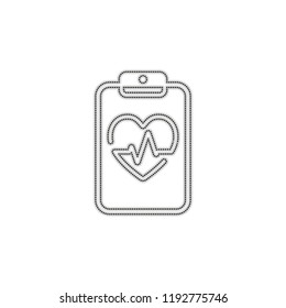 Medical clipboard. Tablet, paper, heart and pulse line. Cardiology report blank. Linear icon with thin outline. Dotted outline silhouette with shadow on white background