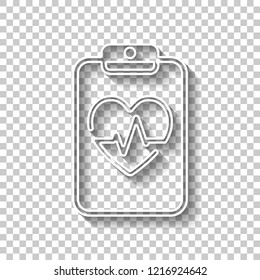 Medical clipboard. Tablet, paper, heart and pulse line. Cardiology report blank. Linear icon with thin outline. White outline sign with shadow on transparent background