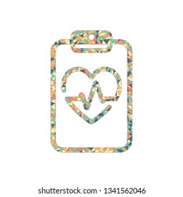 Medical clipboard. Tablet, paper, heart and pulse line. Cardiology report blank. Linear icon with thin outline. Colored mosaic with polygons
