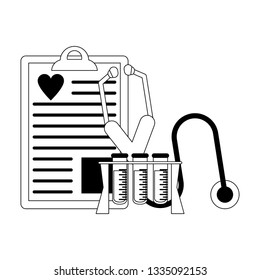 medical clipboard and test tubes with stethoscopes in black and white