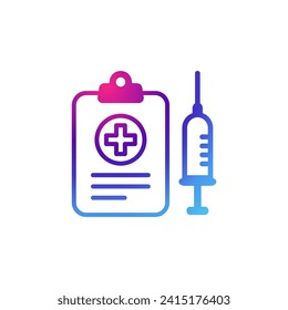 Medical clipboard and vaccine icon with gradient purple effect.