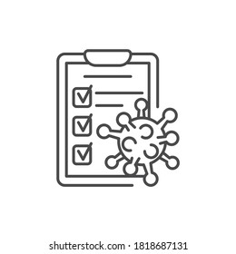 Medical clipboard and virus black line icon. Medical and scientific concept. Pictogram for web, mobile app, promo. UI UX design element.