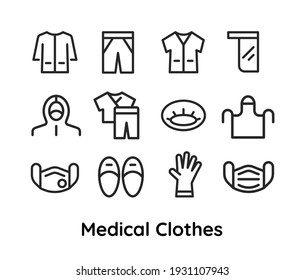 Iconos de ropa médica para médicos, enfermeras. Ilustración lineal de línea delgada vectorial. Esquema editable para web, UI, historias destacadas.