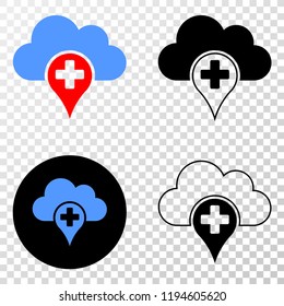 Medical cloud EPS vector icon with contour, black and colored versions. Illustration style is flat iconic symbol on chess transparent background.