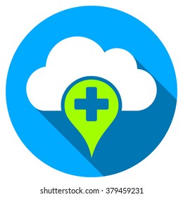 Medical Cloud long shadow icon. Style is a light flat symbol with rounded angles on a blue round button.