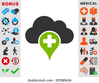 Medical Cloud vector icon with bonus. Style is bicolor flat symbol, eco green and gray colors, rounded angles, white background.