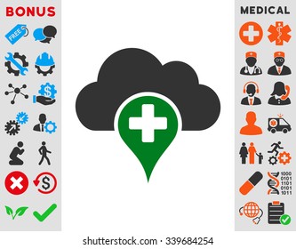 Medical Cloud vector icon with bonus. Style is bicolor flat symbol, green and gray colors, rounded angles, white background.