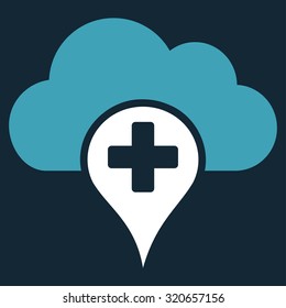 Medical Cloud vector icon. Style is bicolor flat symbol, blue and white colors, rounded angles, dark blue background.